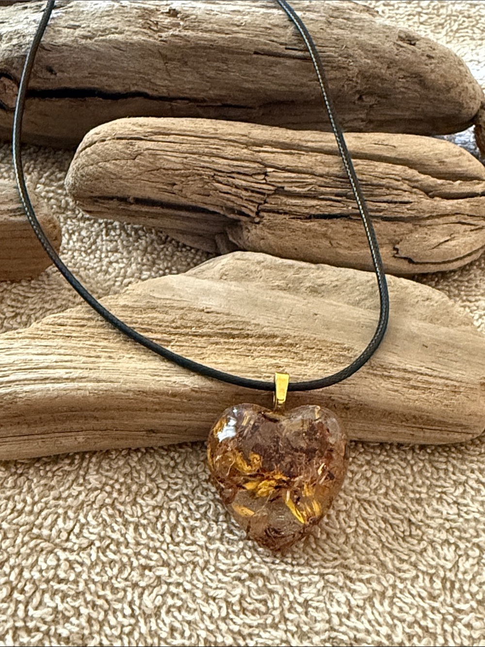 Gold-Tone Amber Resin Heart Pendant Necklace - Women Jewelry